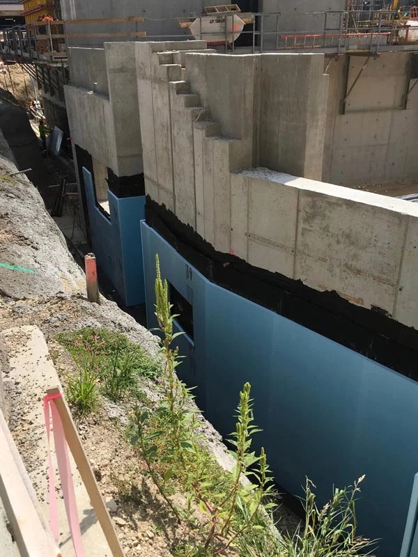Foundation wall with membrane and panels